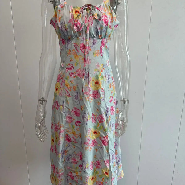Frenchy Style All Over Print Ruched Women Lace Up Dress Floral Summer Split Adjustable Strapes Zip Casual Party Beach Midi Dress