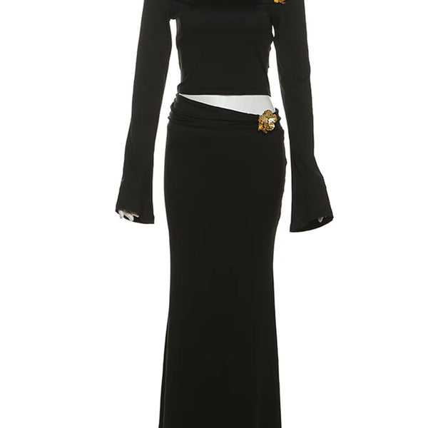 Weird Puss Metallic Flowers 2 Piece Set Women Elegant Skew Collar Full Sleeve Crop Tops+Irregular Long Skirts Matching Clubwear