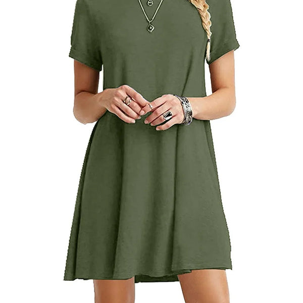 Women Mini Dress Summer Casual Boho Beach Dresses Solid Color O-Neck Short Sleeve Party A-Line Dress Vestidos QT033