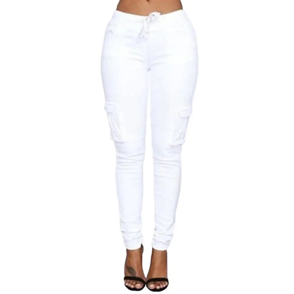 Mather 2023 Spring Lace Up Waist Casual Women Pants Solid Pencil Pants Multi-Pockets Straight Trousers S-4XL
