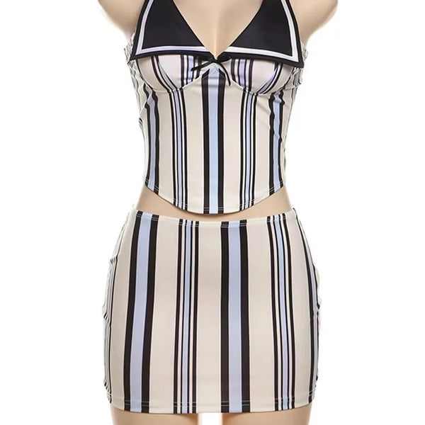 Weird Puss Stripe Print Women 2 Piece Set Summer Backless Low-Neck Halter Tank Tops+Skirts Fashion Vacation Streetwear Outfits