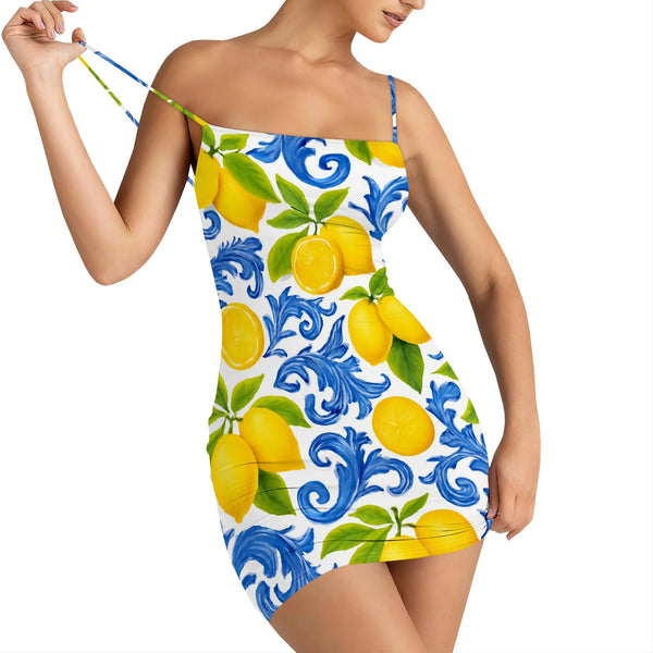 Sicilian Lemon Print Mini Dress S-3XL Sexy Bodycon Spaghetti Strap Summer Party Dress for Beach Vacation or Night Out