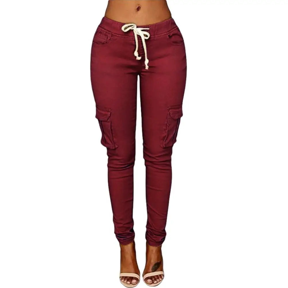 Mather 2023 Spring Lace Up Waist Casual Women Pants Solid Pencil Pants Multi-Pockets Straight Trousers S-4XL