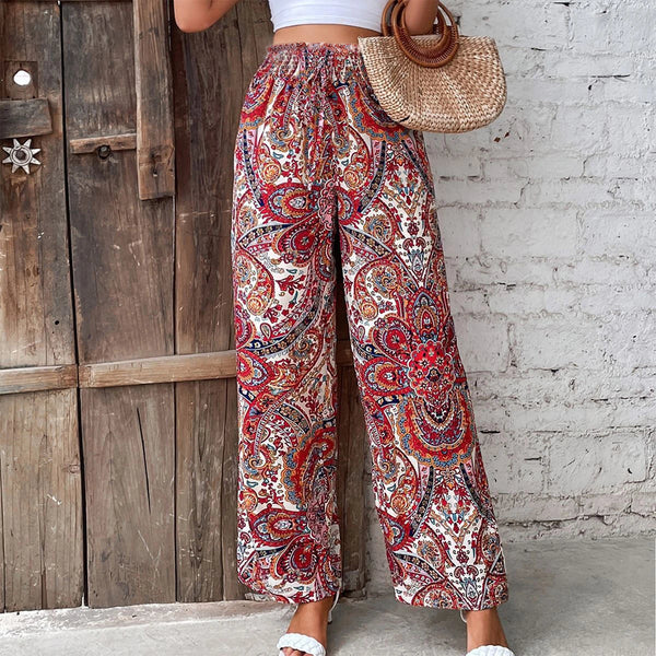 Bohemian High Waist Elastic Waist Printed Wide Leg Long Pants Women‘s Clothes Straight Casual Trousers Summer New Vintage Trend