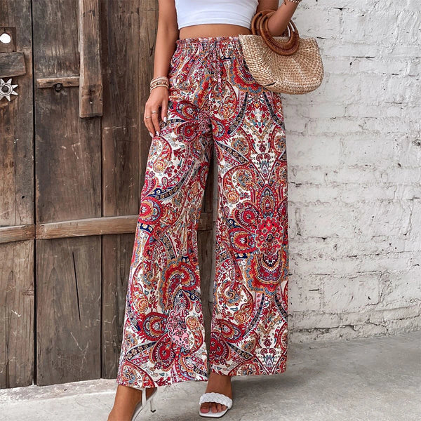 Bohemian High Waist Elastic Waist Printed Wide Leg Long Pants Women‘s Clothes Straight Casual Trousers Summer New Vintage Trend