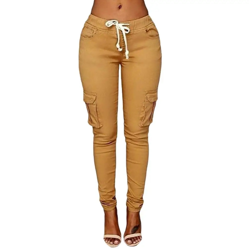 Mather 2023 Spring Lace Up Waist Casual Women Pants Solid Pencil Pants Multi-Pockets Straight Trousers S-4XL