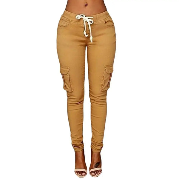 Mather 2023 Spring Lace Up Waist Casual Women Pants Solid Pencil Pants Multi-Pockets Straight Trousers S-4XL
