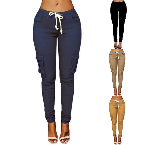 Mather 2023 Spring Lace Up Waist Casual Women Pants Solid Pencil Pants Multi-Pockets Straight Trousers S-4XL