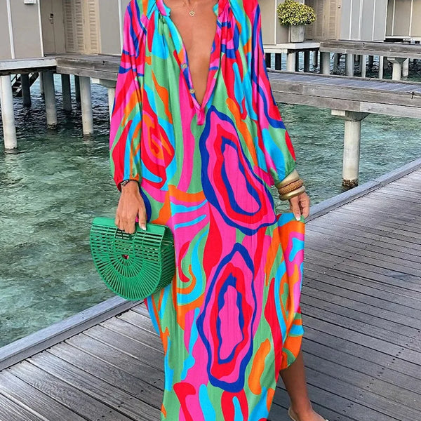 Elegant Women's Maxi Dresses 2024 Summer Casual Fashion Retro Print V Neck Loose Boho Long Vacation Beach Dress Female Robes New