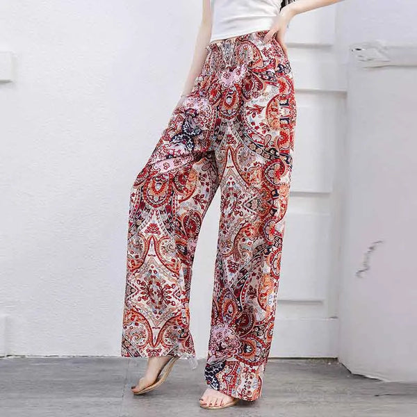 Bohemian High Waist Elastic Waist Printed Wide Leg Long Pants Women‘s Clothes Straight Casual Trousers Summer New Vintage Trend