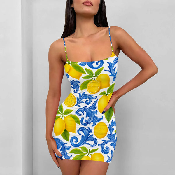 Sicilian Lemon Print Mini Dress S-3XL Sexy Bodycon Spaghetti Strap Summer Party Dress for Beach Vacation or Night Out