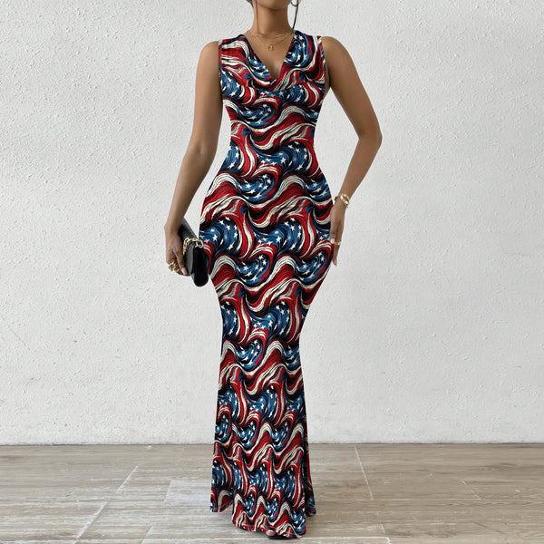 American Flag Maxi Dress 4th of July Bodycon Sleeveless Women's XS-2XL Independence Day Outfit