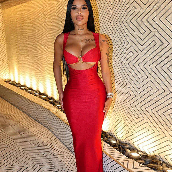 Weird Puss Sexy Backless Party Dress Hollow Skinny Sleeveless Low-Neck Ring Clasp Chic Birthday Banquet Rave Bodycon Vestidos