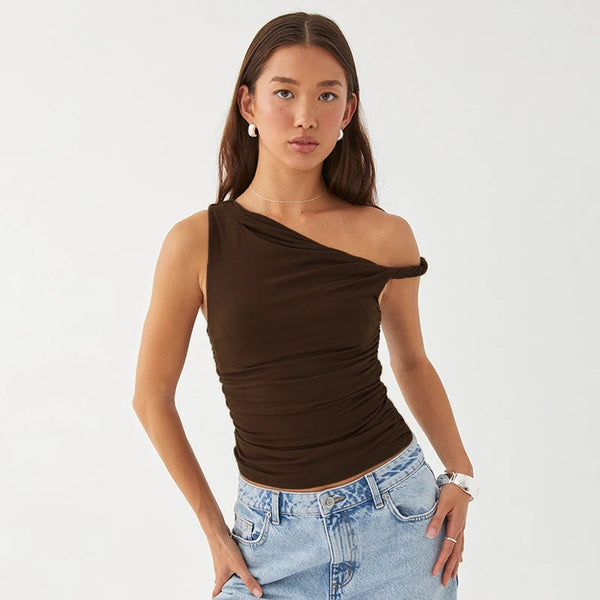 CUTENOVA Simple Basic Casual Summer Tank Top Sleeveless Solid Color Off Shoulder Side Ruched Crop Tops Vestidos Spring Women T S