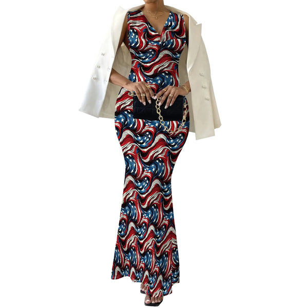 American Flag Maxi Dress 4th of July Bodycon Sleeveless Women's XS-2XL Independence Day Outfit