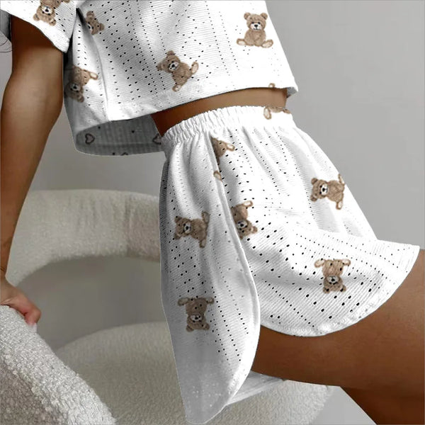 2024 Summer Women Casual Tracksuit Short Sleeve T-shirts+Shorts Two Pieces Sets Hollow Out Fashion Printed Female Sports Outfits