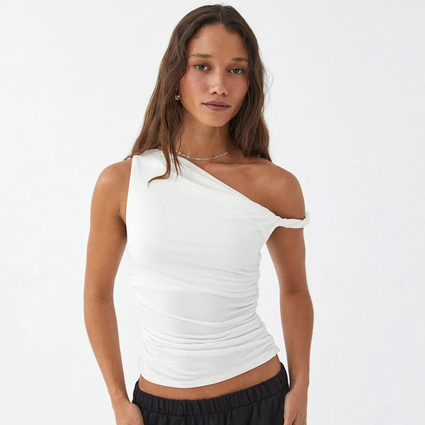 CUTENOVA Simple Basic Casual Summer Tank Top Sleeveless Solid Color Off Shoulder Side Ruched Crop Tops Vestidos Spring Women T S