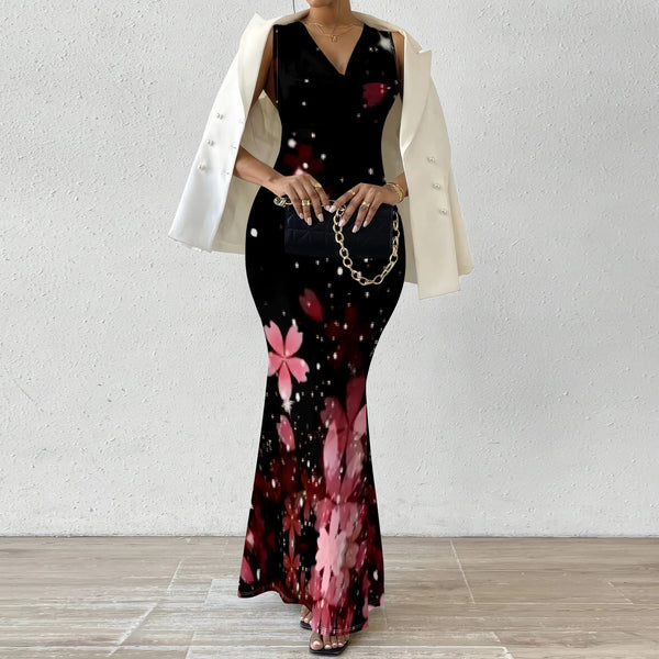 Pink Sakura Print Maxi Dress XS-2XL Sleeveless Bodycon Style with V-Neck for Romantic Date, Holiday Dinner or Spring Party Look