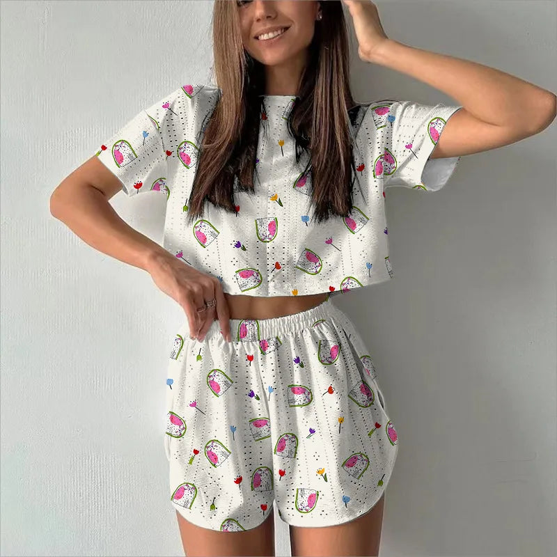 2024 Summer Women Casual Tracksuit Short Sleeve T-shirts+Shorts Two Pieces Sets Hollow Out Fashion Printed Female Sports Outfits