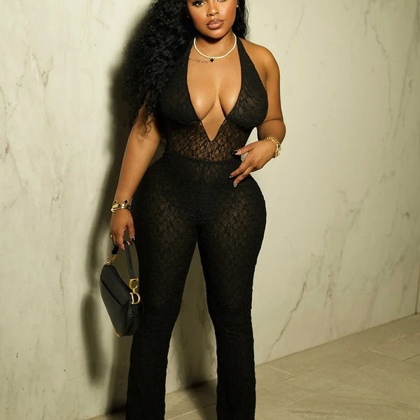 Weird Puss Sexy Mesh Halter Jumpsuit Women Backless Skinny Low-Neck Midnight Birthday Party Clubwear Activity Workout Overalls