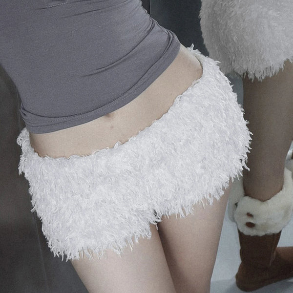 Faux Fur Solid Knitted Women’s Short Chic Y2K Skinny Simple Low Waist Autumn Winter Design Basic Pants