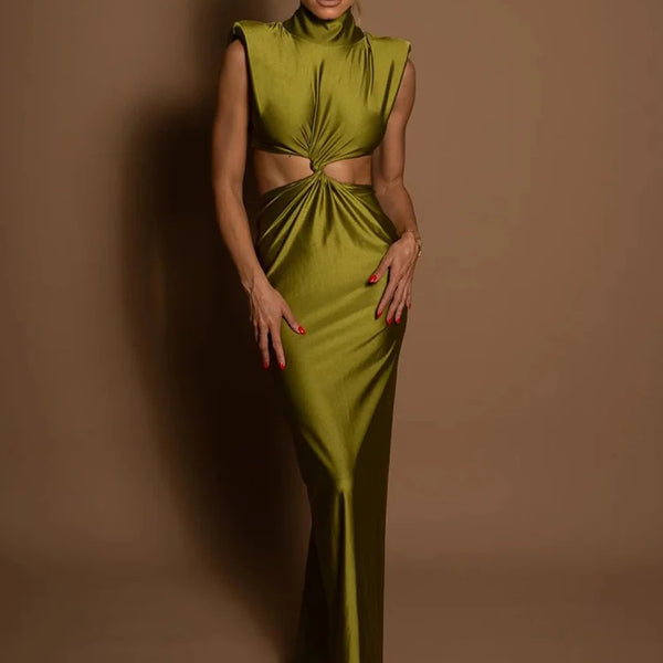 Mozision Hollow Out Turtleneck Sexy Maxi Dress For Women Fashion Solid Sleeveless Bodycon Tank Dresses Femme Club Party Dress