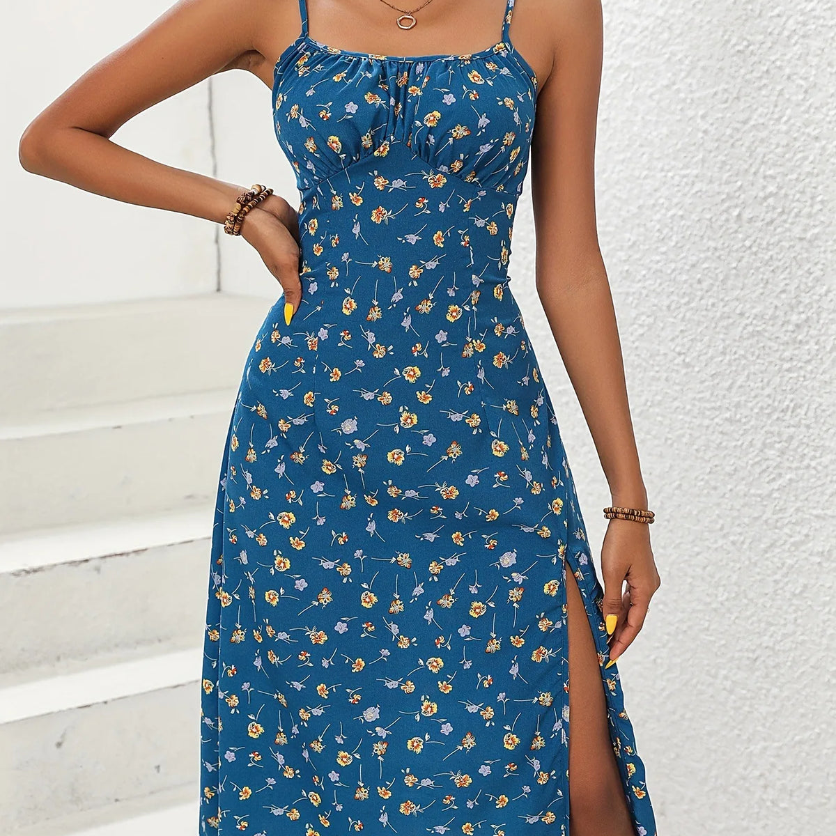2024 Summer Sexy Spaghetti Straps Dress Women Fashion Polka Dot Print Sleeveless Slit Dress Boho Casual Beach Midi Dresses