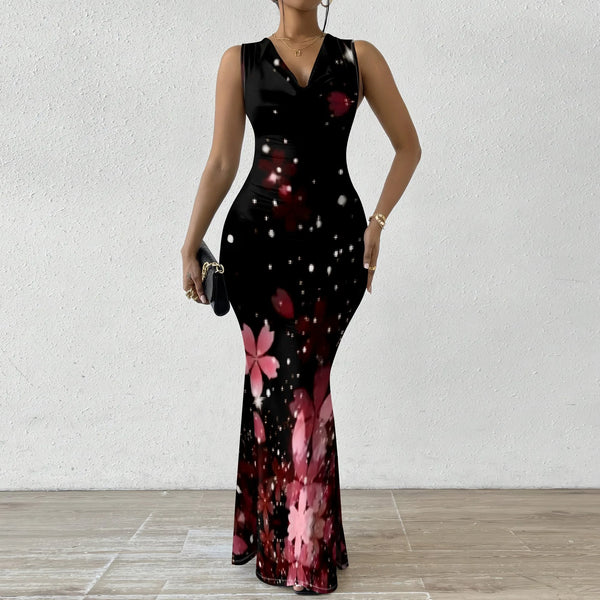 Pink Sakura Print Maxi Dress XS-2XL Sleeveless Bodycon Style with V-Neck for Romantic Date, Holiday Dinner or Spring Party Look