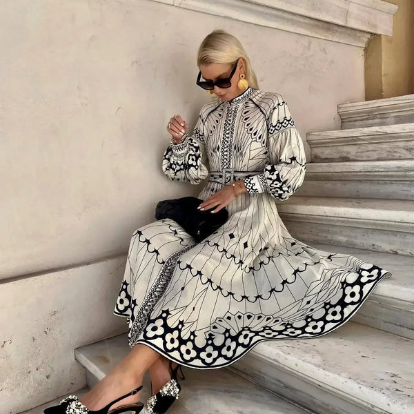 Retro Elegant Stand Collar Long Dress Women Spring Pattern Print Belted Buckle Party Dress Autumn Long Sleeve A-Line Boho Dress