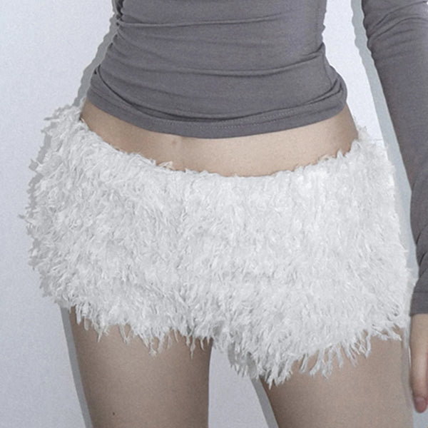 Faux Fur Solid Knitted Women’s Short Chic Y2K Skinny Simple Low Waist Autumn Winter Design Basic Pants