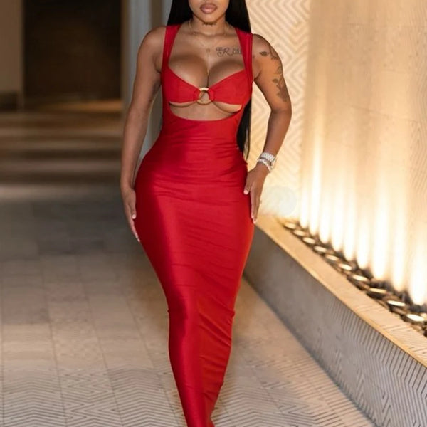 Weird Puss Sexy Backless Party Dress Hollow Skinny Sleeveless Low-Neck Ring Clasp Chic Birthday Banquet Rave Bodycon Vestidos