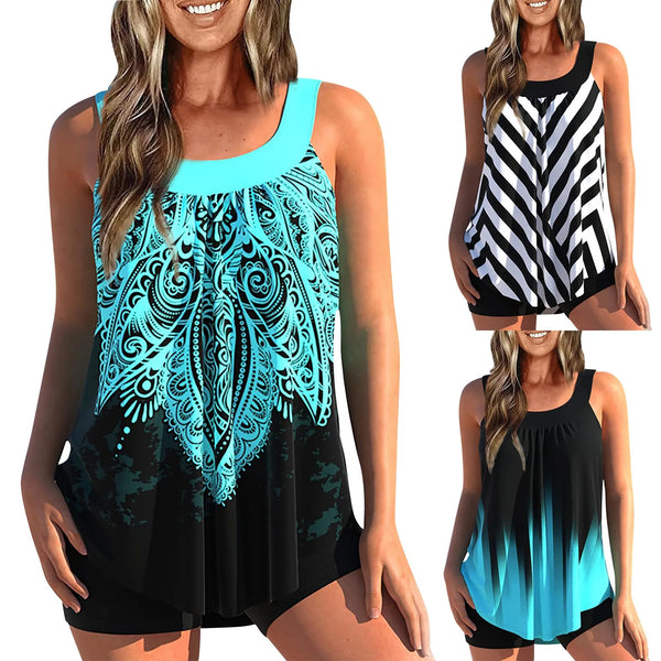 Two Piece Colorful Flower Print Strap Swimsuit Women’s Sexy Layered Camisole Split Sport Beachwear Female Swimming Suit Summer