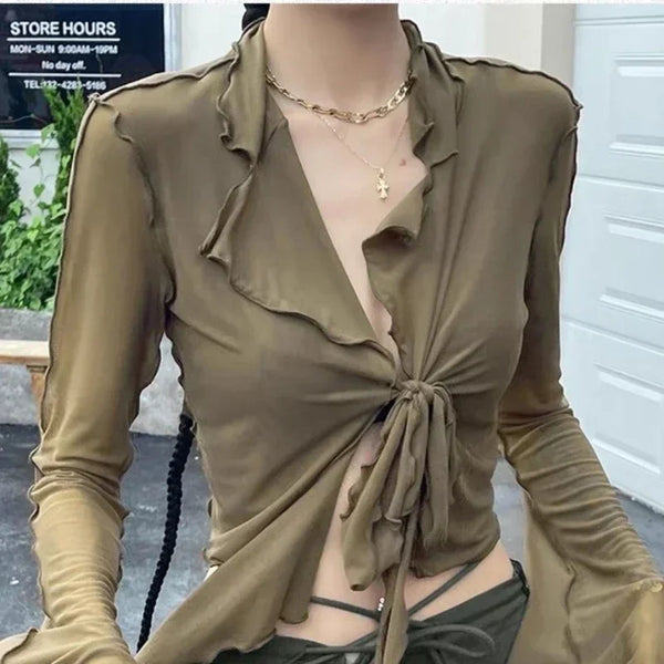 Long Flare Sleeve Blouses for Women Lace-up Mesh Sexy Sweet Hot Girls Korean Fashion Style All-match Solid Design Elegant Casual