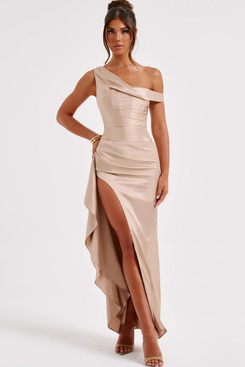 Satin Off-Shoulder Dress with Cinched Waist