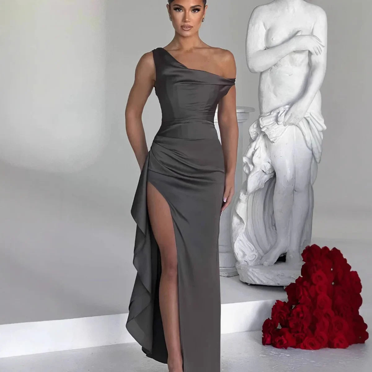 Satin Off-Shoulder Dress with Cinched Waist