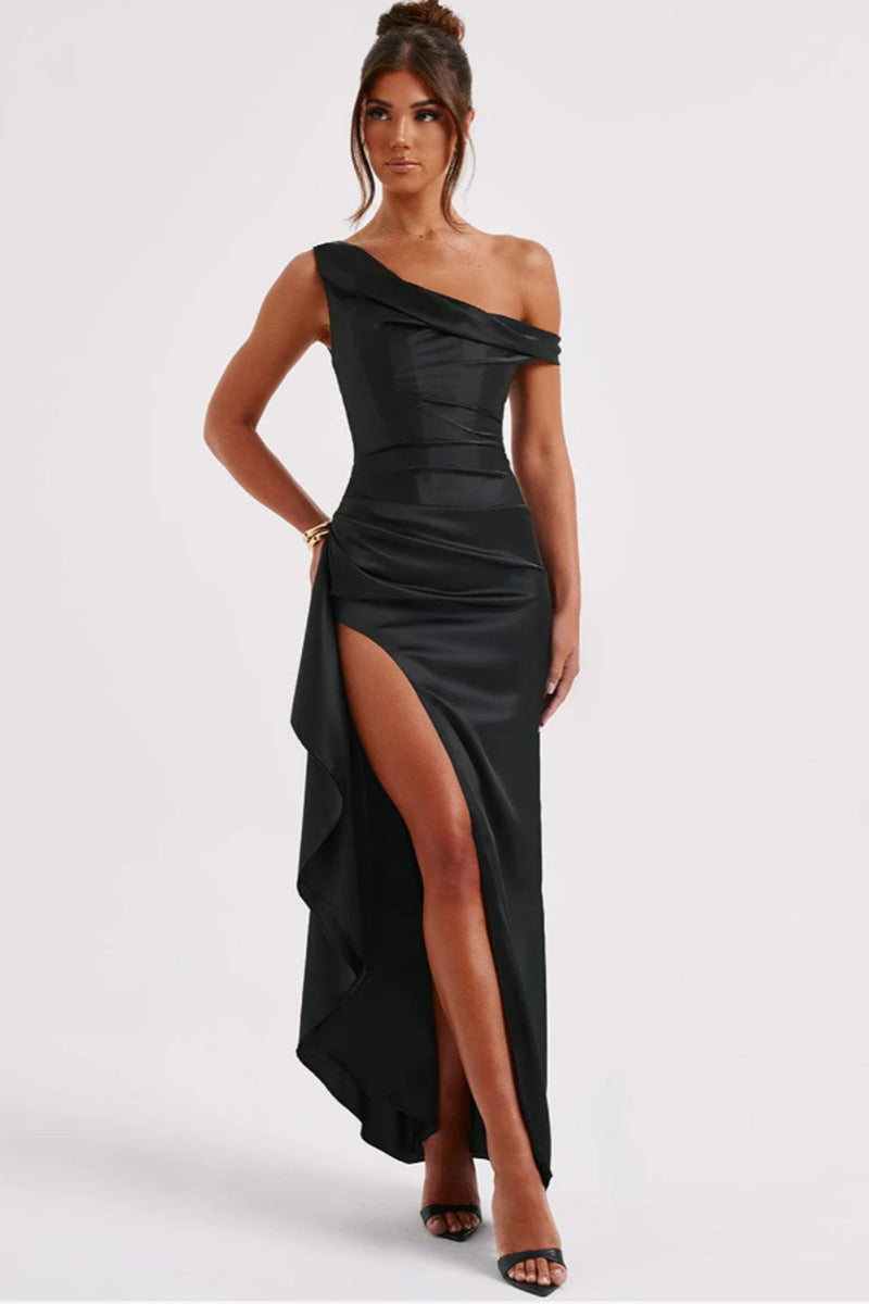 Satin Off-Shoulder Dress with Cinched Waist