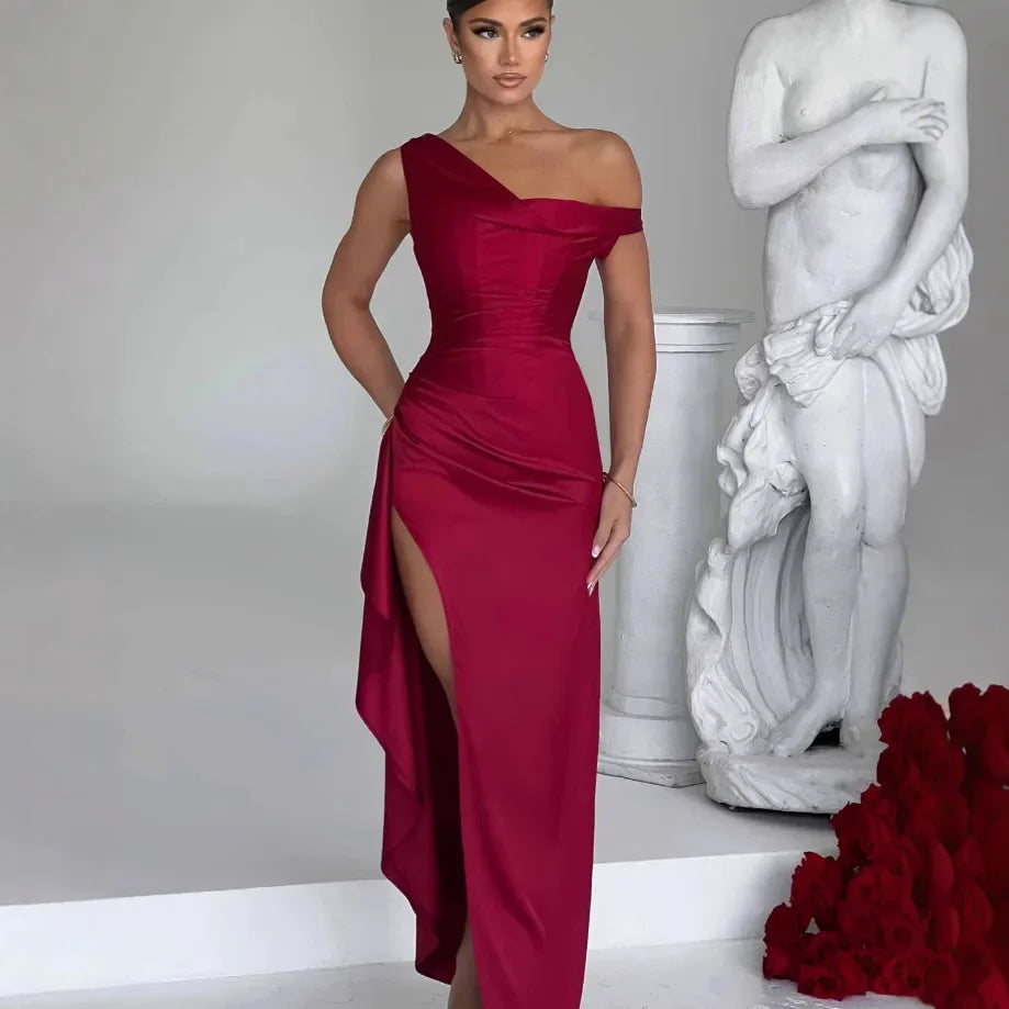 Satin Off-Shoulder Dress with Cinched Waist